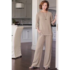 Soft Surroundings Oceo Crinkle Gauze Tunic And Wide Leg Pants Pebble Taupe Sz XL